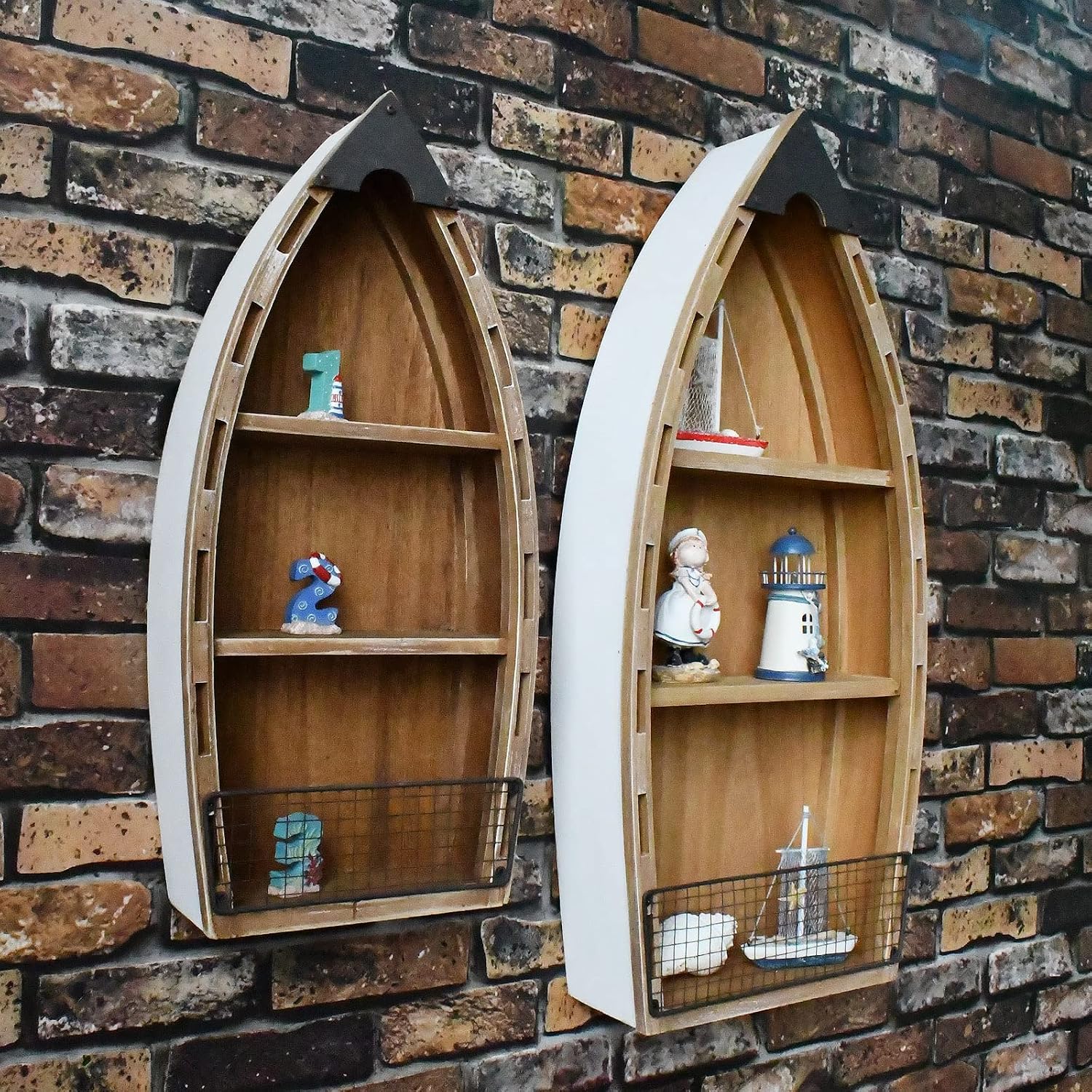 Morning View 2-Pack Wooden Boat Shelves, Nautical Decor, Wall Hanging Decor, 2 Removable Shelves, 23.5 & 31.4 Inch, White