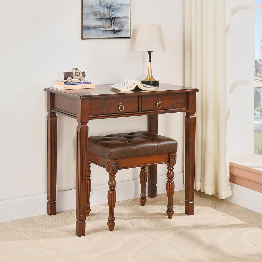 Solid Wood Small Makeup Vanity Table Set, 31.5'W Narrow Wooden Dressing Vanity Desk with 2 Storage Drawers and Upholstered Stool, Compact Writing Desk & Button Tufted Cushioned Stool, Cherry&Brown