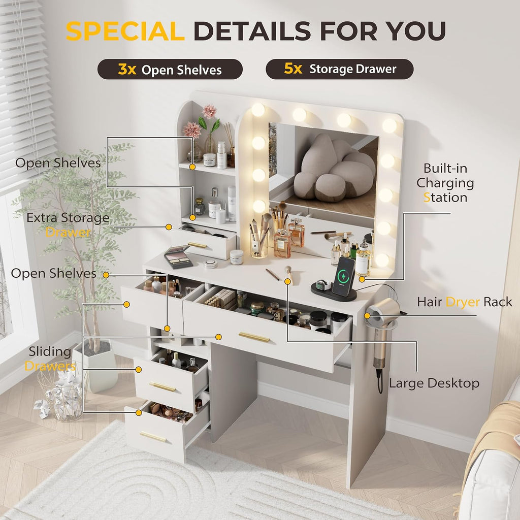 Otterease Vanity Desk with LED Lighted Mirror&Power Outlet, 3 Lighting Colors Makeup Vanity with 5 Large Drawers and 3 Storage Shelves, Vanity with Storage Stool for Bedroom, White