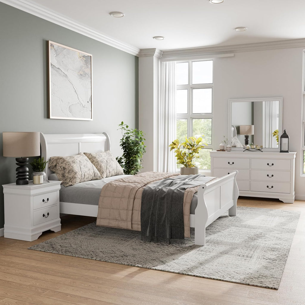 Furniture of America Arabella Traditional Solid Wood 5 Piece Bedroom Set with King Bed Frame, Nightstands, Dresser with Mirror, Storage and Organization, Bedframe Box Spring Needed, White