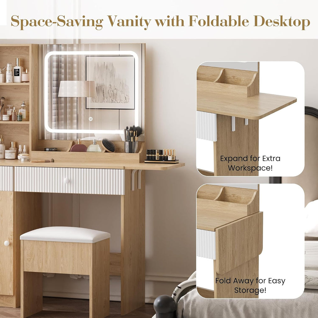 Patikuin Vanity Desk with Mirror and Lights, Natural Makeup Vanity with Charging Station, Dressing Table Set with Storage Chair, Drawer Shelves, and Foldable Panel for Compact Space Bedroom, Natural