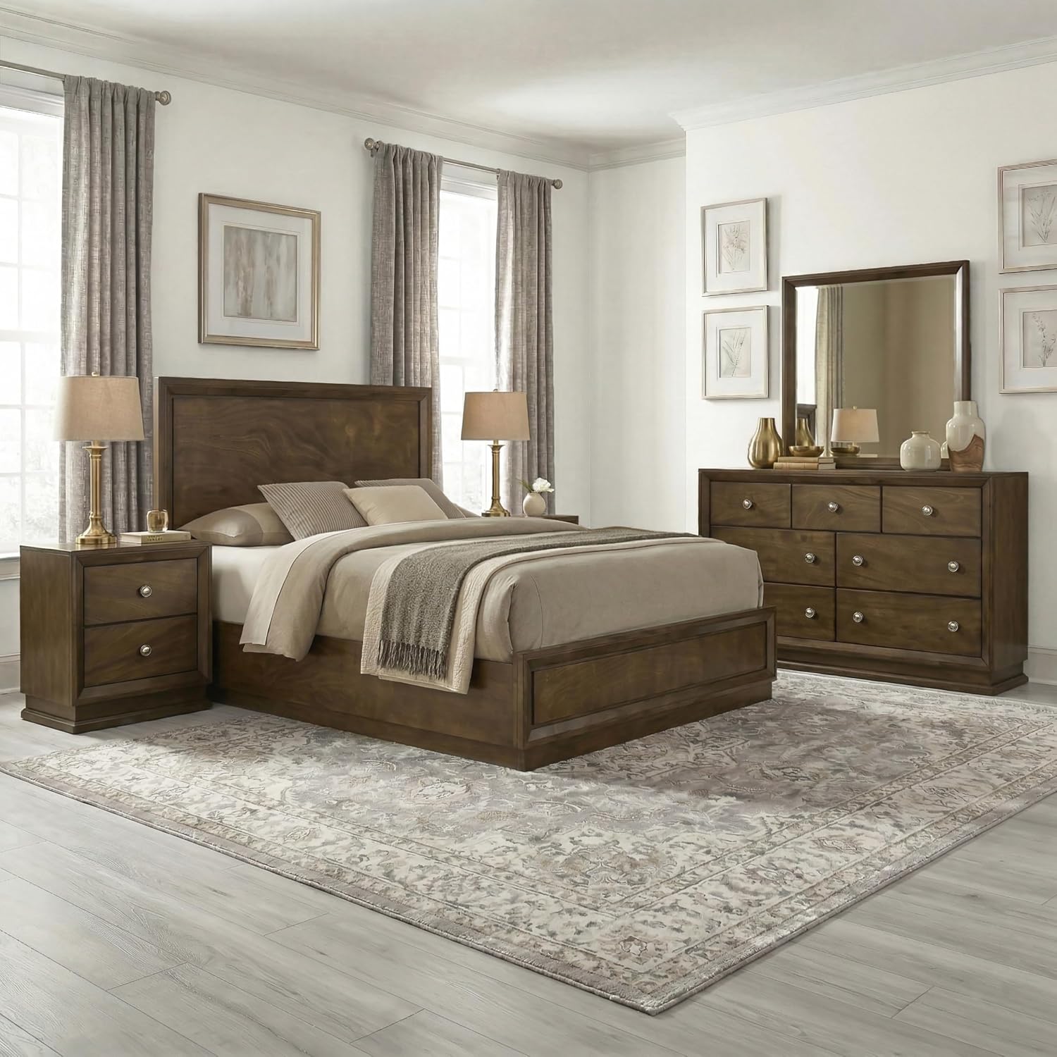 Furniture of America Extan Modern Solid Wood 5-Piece Bedroom Set with Beveled Corner, Metal Center Glide, Zinc Iron Bronze Knobs, Box Spring Needed, King, Walnut