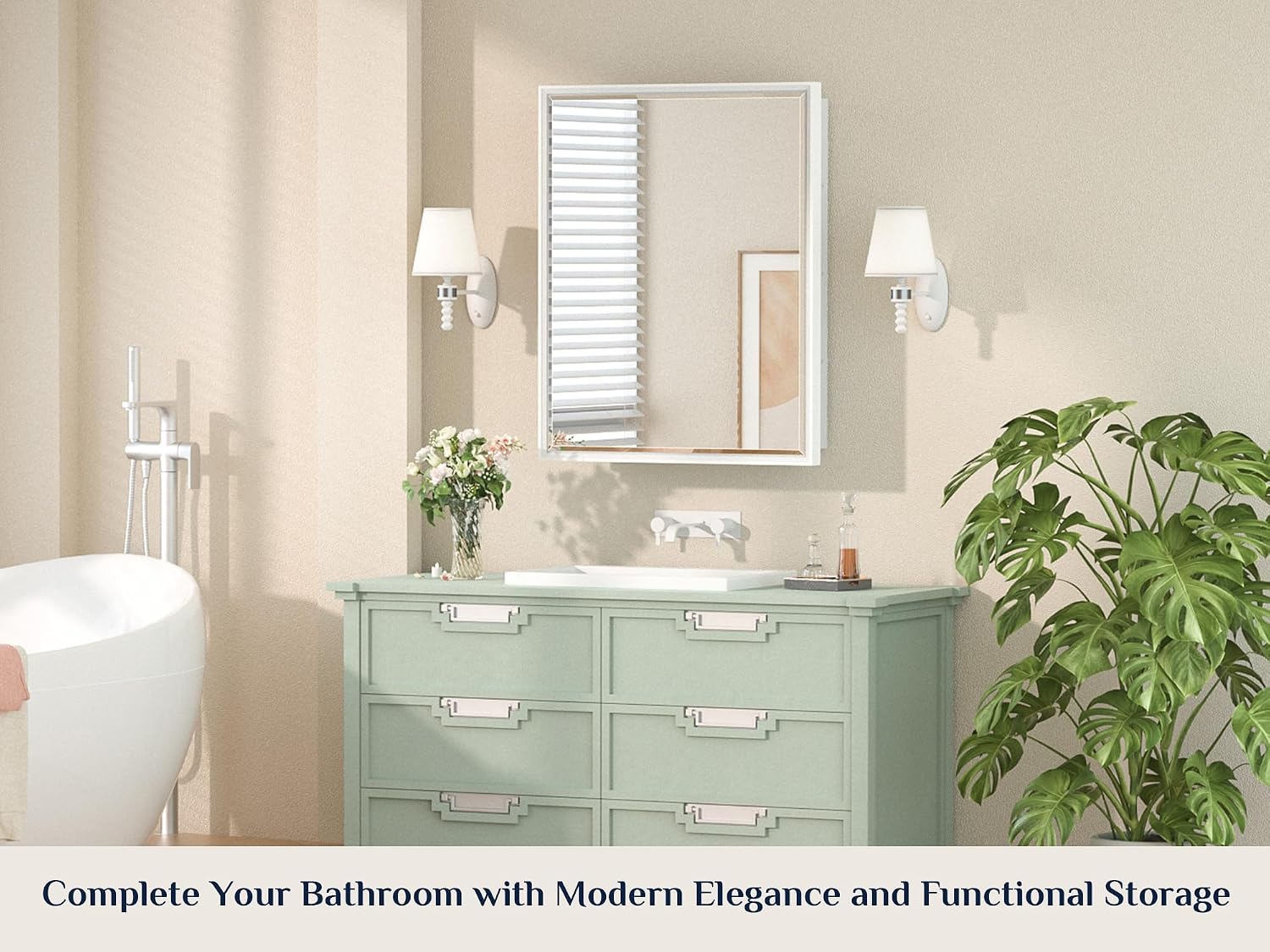 Keonjinn 24' x 30' White Bathroom Medicine Cabinets with Mirror Recessed or Surface Wall-Mounted Aluminum Alloy Metal Framed Beveled Bathroom Mirror, Large Single Door Farmhouse Storage Cabinet Mirror