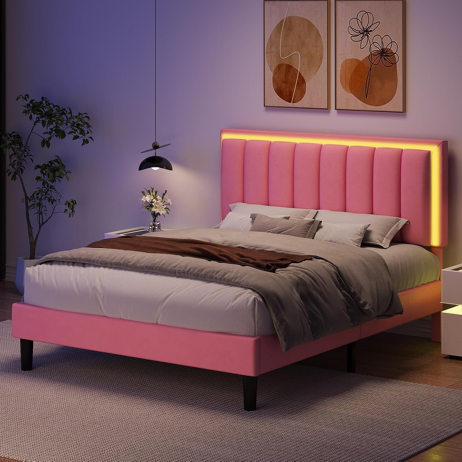 IMMERSTABLE Full Size Bed Frame with RGB LED Lights, Upholstered Platform Bed Frame with Headboard, Wood Slat Support, No Box Spring Needed, Quiet Design, Easy Assembly, Light Pink