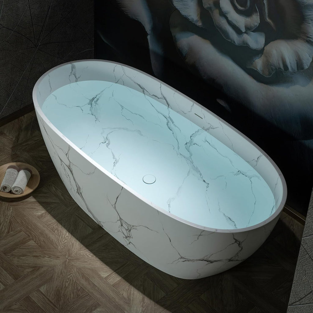 WOODBRIDGE 67' Marble-Pattern Stone Resin Freestanding Soaking Tub, Modern Oval Solid Surface Bathtub with Integrated Slotted Overflow & Drain, Matte Finish, CST0745