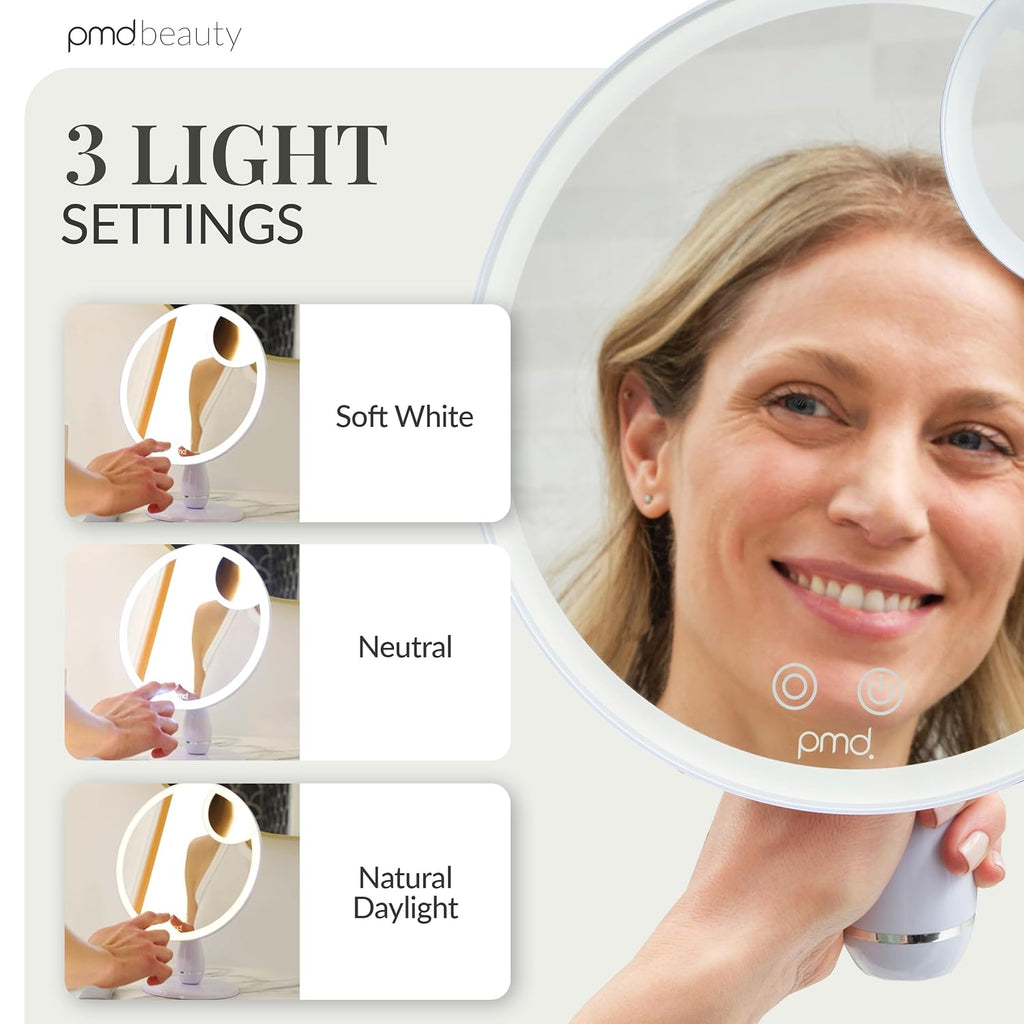 PMD Reflect Pro - Premium Beauty LED Mirror with TriLume Technology & Handheld Capabilities - Three Light Modes - 360° Rotation, 90° Tilt, & 5x Magnification - Travel Ready