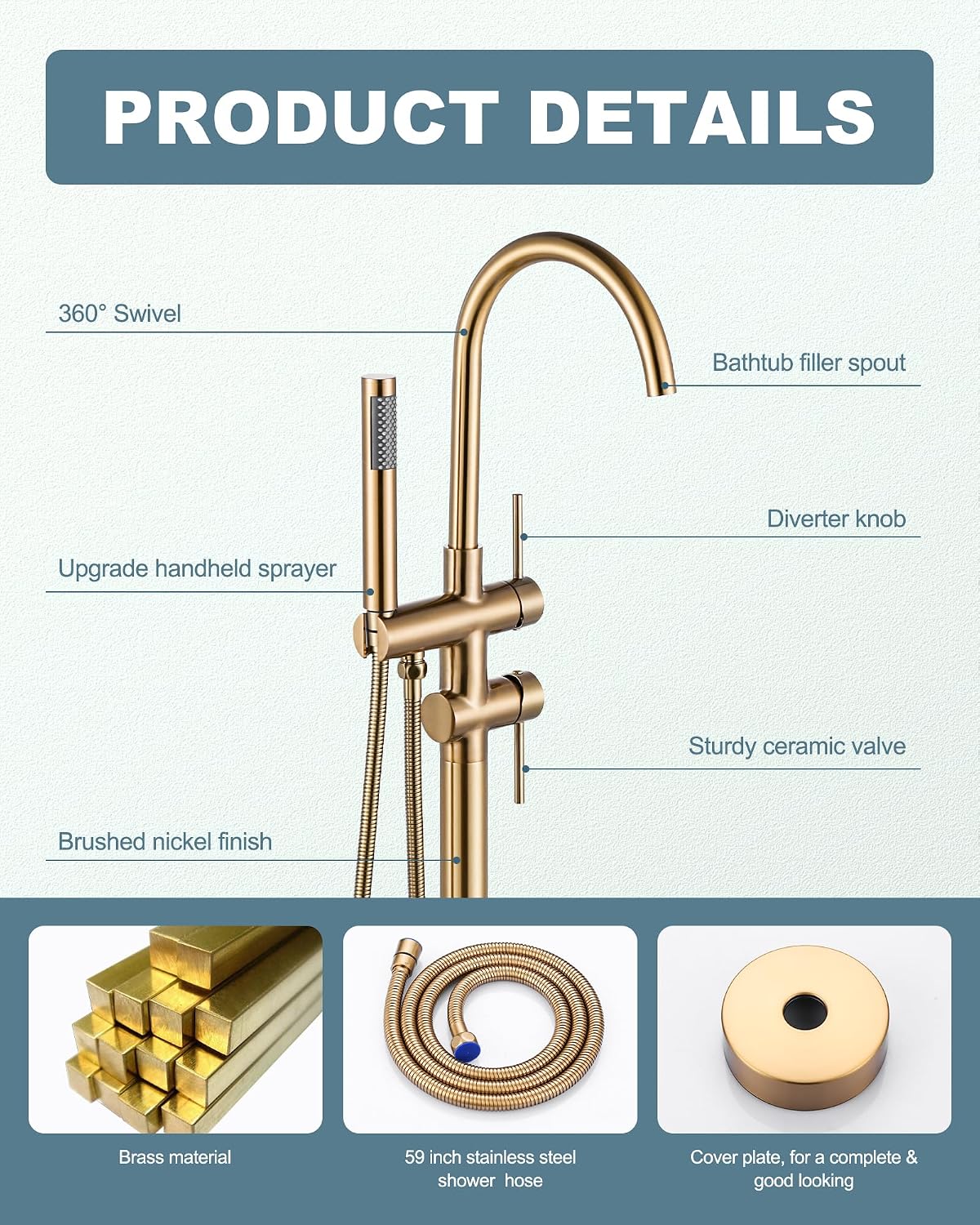 Freestanding Bathtub Faucet Brushed Gold, Floor Mount Tub Filler, High Flow Brass Shower Faucets with Handheld Sprayer for Bath