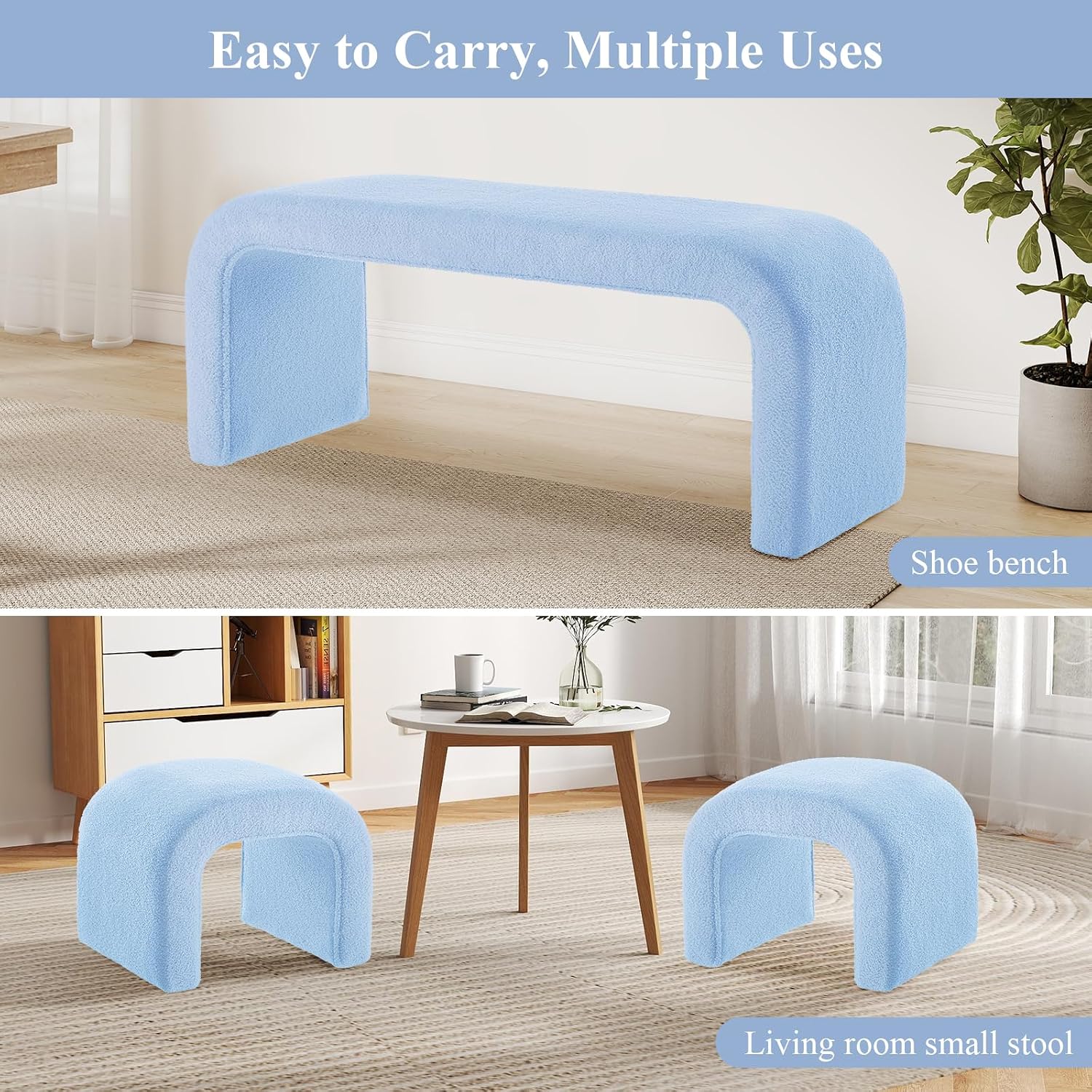 3-Piece Modern Ottoman Bench Set, 44' Wide Teddy Upholstered End of Bed Bench with 2 Foot Stools, Padded U-Shaped Entry Bench Vanity Stool for Living Room Bedroom (Light Blue)
