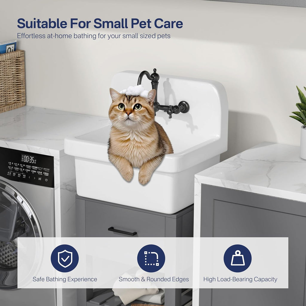 Eridanus 24 Inch Utility Sink, Farmhouse Kitchen Sink Wall Mounted Laundry Sink Floating Porcelain Ceramic Trough High Back for Garage, Workshop, Washing Room, Bathroom, 24' x 19' x 16.5'