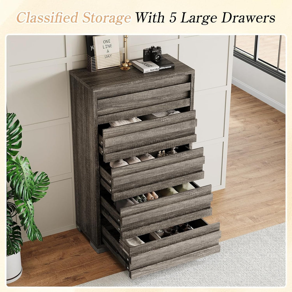 LUXOAK 2 Pcs Bedroom Furniture Sets - Includes 1 X Farmhouse 5 Drawers Dresser, 1X Farmhouse Queen Size Bed Frame with 49' Tall Headboard, Wooden Platform Bed with Hidden Metal Bed Frame, Rustic Grey