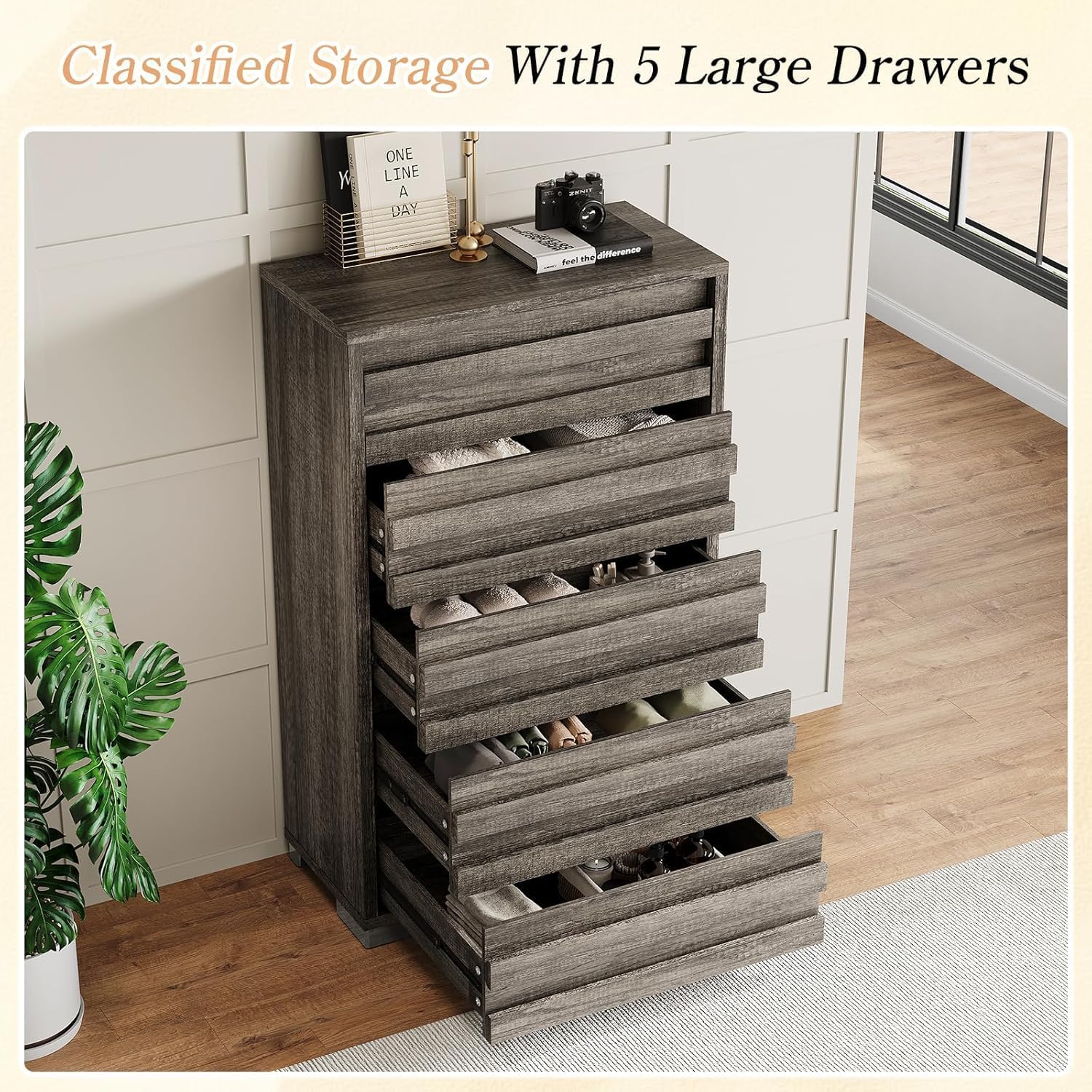 LUXOAK 2 Pcs Bedroom Furniture Sets - Includes 1 X Farmhouse 5 Drawers Dresser, 1X Farmhouse Queen Size Bed Frame with 49' Tall Headboard, Wooden Platform Bed with Hidden Metal Bed Frame, Rustic Grey