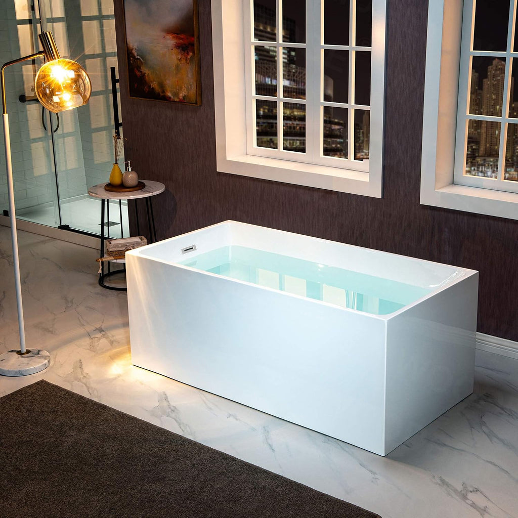 WOODBRIDGE 59' Acrylic Freestanding Bathtub Contemporary Soaking White Tub with Chrome Overflow and Drain，B0085-C-Drain&O