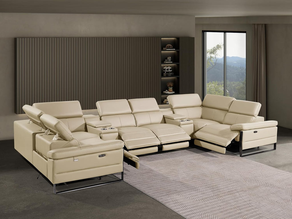 BlackJack Furniture Antonio 8 Piece U Shaped Power Reclining Sectional Sofa, Modular Couch with Top Grain Italian Leather, 4 Electric Recliners, USB & Wireless Chargers, Storage Console, Beige