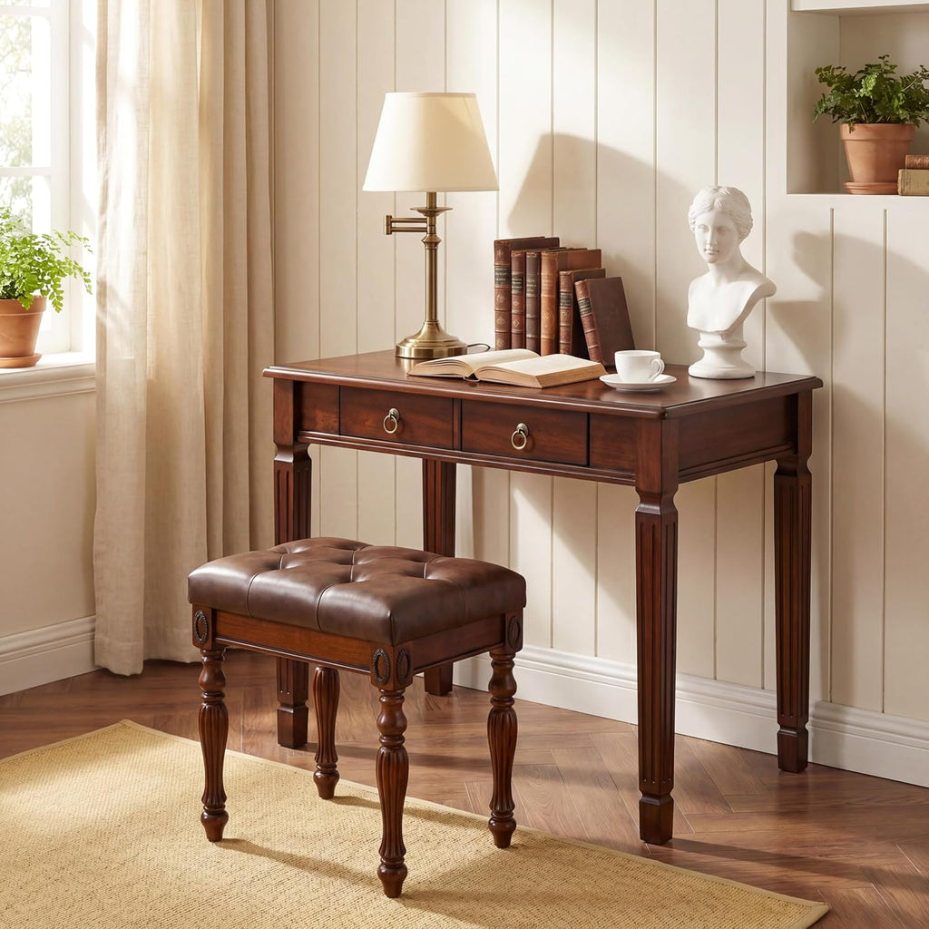 Solid Wood Small Makeup Vanity Table Set, 31.5'W Narrow Wooden Dressing Vanity Desk with 2 Storage Drawers and Upholstered Stool, Compact Writing Desk & Button Tufted Cushioned Stool, Cherry&Brown