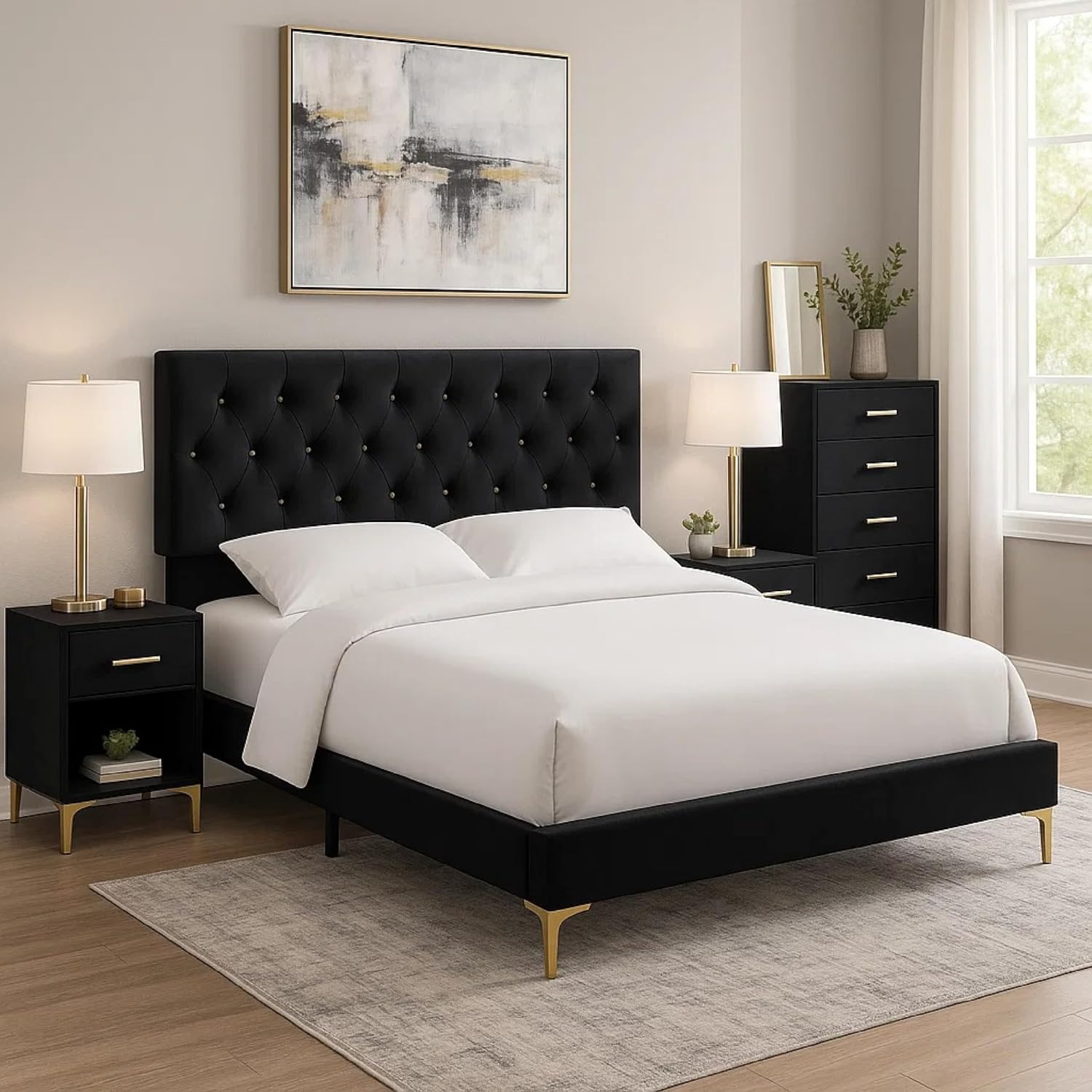 Benzara Dle 4 Piece Queen Bedroom Set, Tufted Black Velvet, Modern Gold Accent