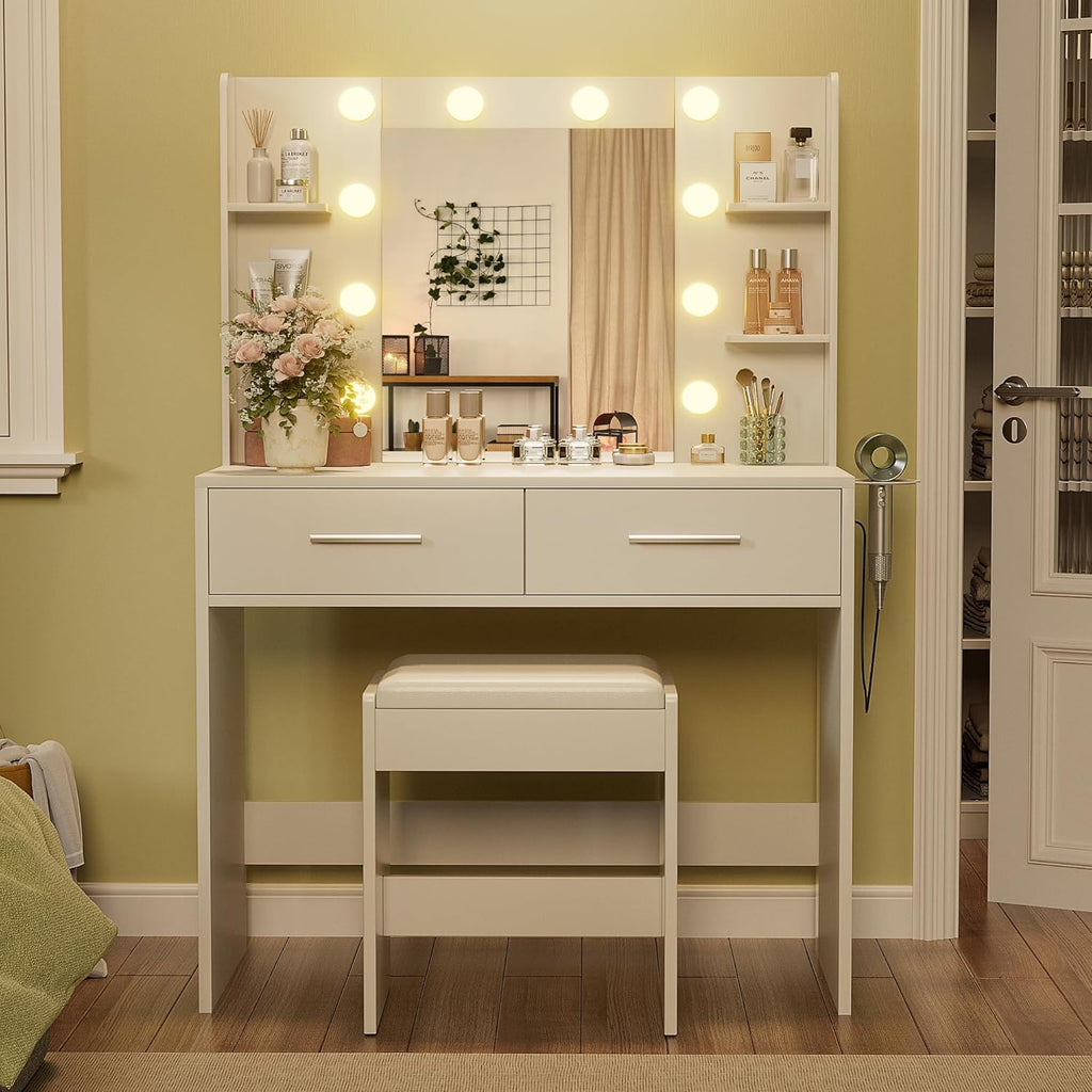 YESHOMY Vanity Desk with Mirror, Makeup Table with 2 Large Drawers, Power Outlet and Round Holder, 3 Color Modes Adjustable Bulb, Bench Included, Easy Assembly, Gloss White