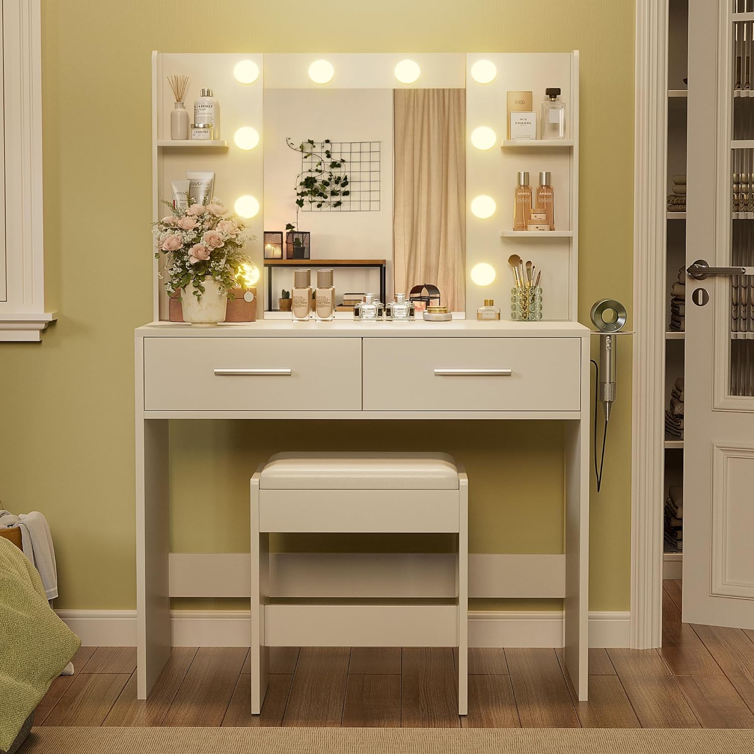 YESHOMY Vanity Desk with Mirror, Makeup Table with 2 Large Drawers, Power Outlet and Round Holder, 3 Color Modes Adjustable Bulb, Bench Included, Easy Assembly, Gloss White
