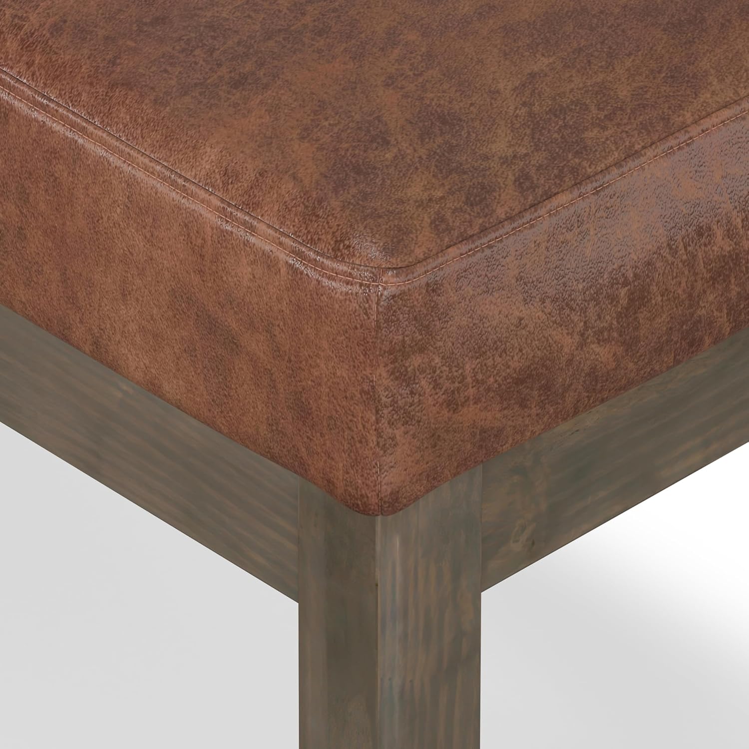 SIMPLIHOME Milltown Small Ottoman Bench - 27 inch Wide Upholstered Vegan Leather Rectangle Footstool Ottoman in Distressed Saddle Brown, Contemporary Bench for Bedroom with Cushioned Seat, Assembled