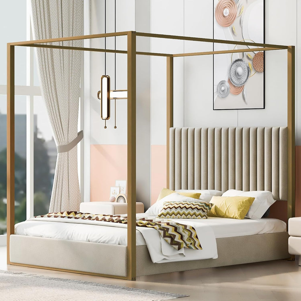Modern 4-Poster Canopy Platform Bed Queen Size with Channel Upholstery Tufted Headboard, Gold Metal Canopied Design Platform Bed Frame with Strong Slats Support (Beige+U)
