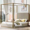 Modern 4-Poster Canopy Platform Bed Queen Size with Channel Upholstery Tufted Headboard, Gold Metal Canopied Design Platform Bed Frame with Strong Slats Support (Beige+U)