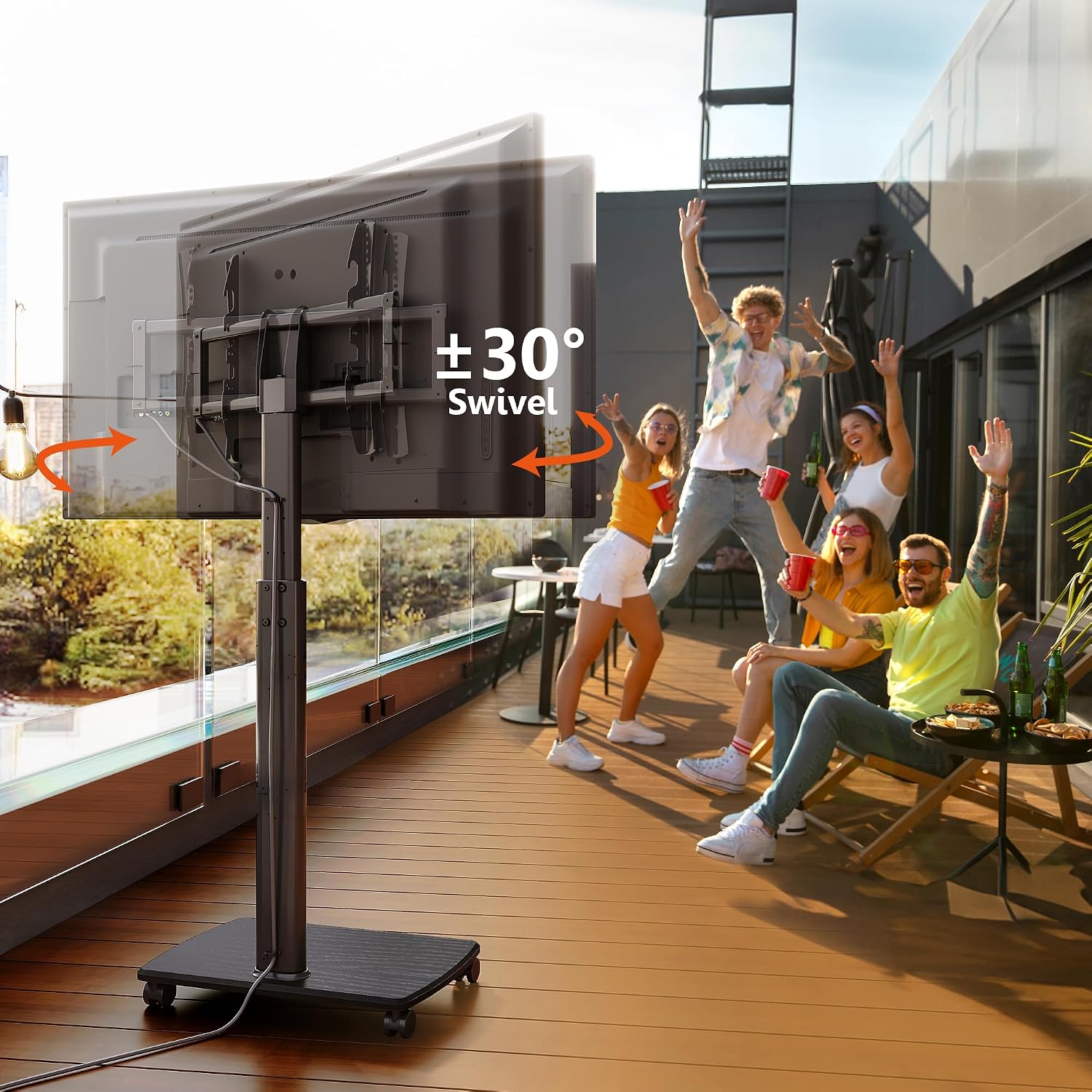 FITUEYES Rolling TV Stand with Power Outlets, Swivel Portable TV Stand for 32-70 Inch LCD LED OLED Flat/Curved Panel Screen TVs, Height Adjustable&Wood Base, Mobile TV cart Holds up to 88Lbs, Black