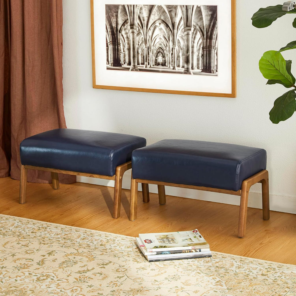 Glitzhome Foot Stool Pack of 2, Leatherette Wooden Step Stool, Modern Rectangle Ottoman Wide Vanity Stool with Cushion for Couch Living Room Bedroom Entryway, Navy Blue