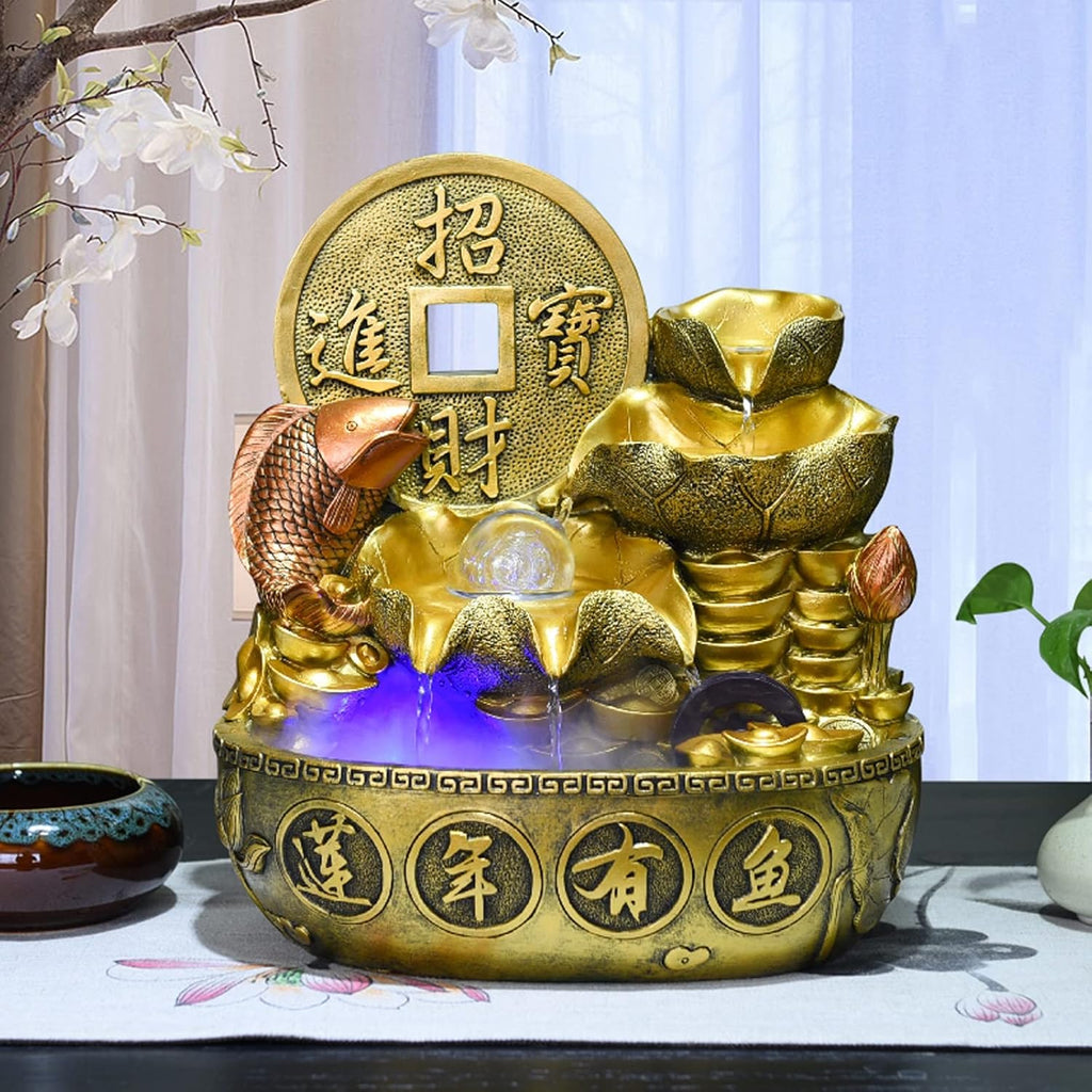 Tabletop Fountain Indoor Fountain Chinese Style Tabletop Waterfall Fountains Relaxation Water Feature Feng Shui Desktop for Home and Office Decor, Gold(Small)