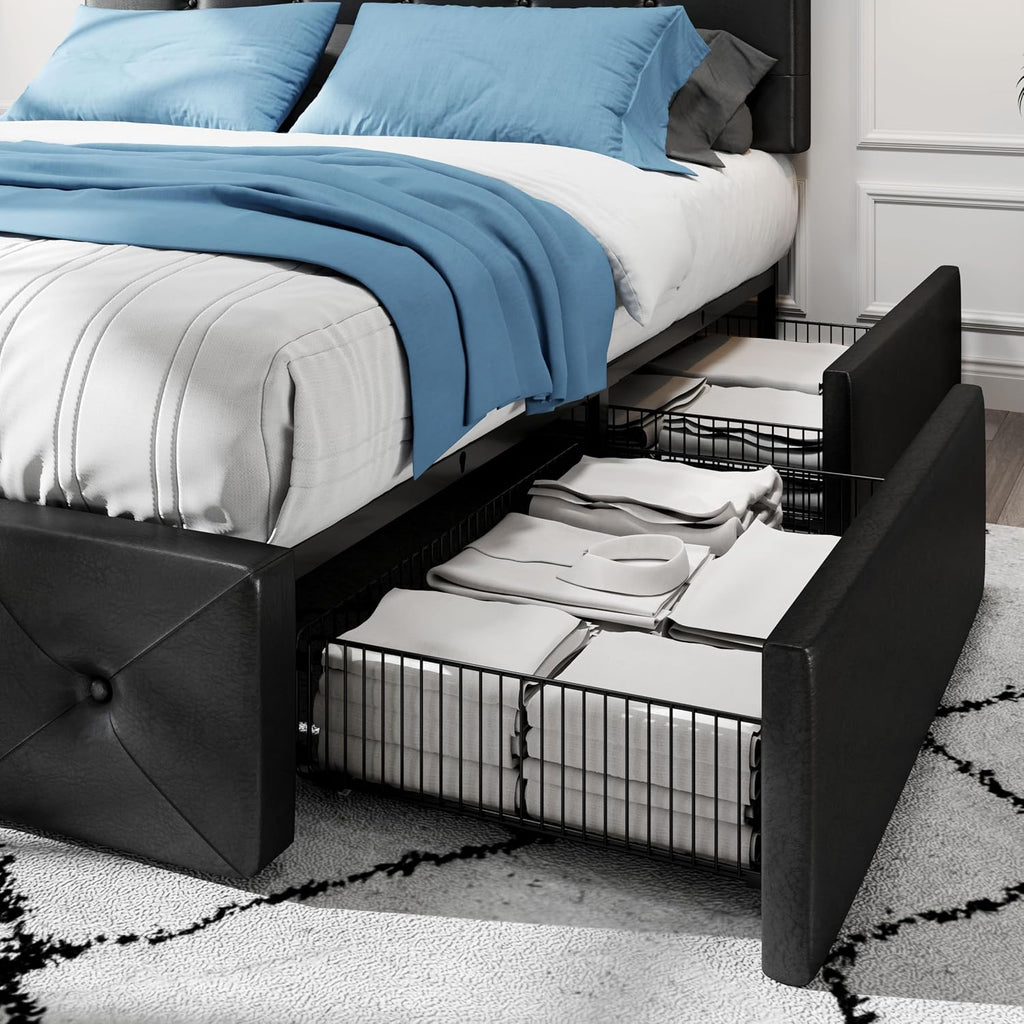 HOOMIC King Platform Storage Bed Frame with 4 Drawers & Adjustable Headboard, Wooden Slats, No Box Spring Needed, Diamond Stitched Button Tufted Design, Black