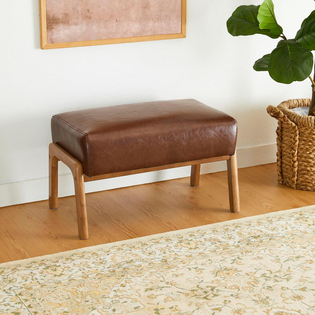 Glitzhome Rectangle Ottoman Bench Set of 2, Modern Coffee Leatherette Footstool with Walnut Rubberwood Legs for Living Room, Bedroom