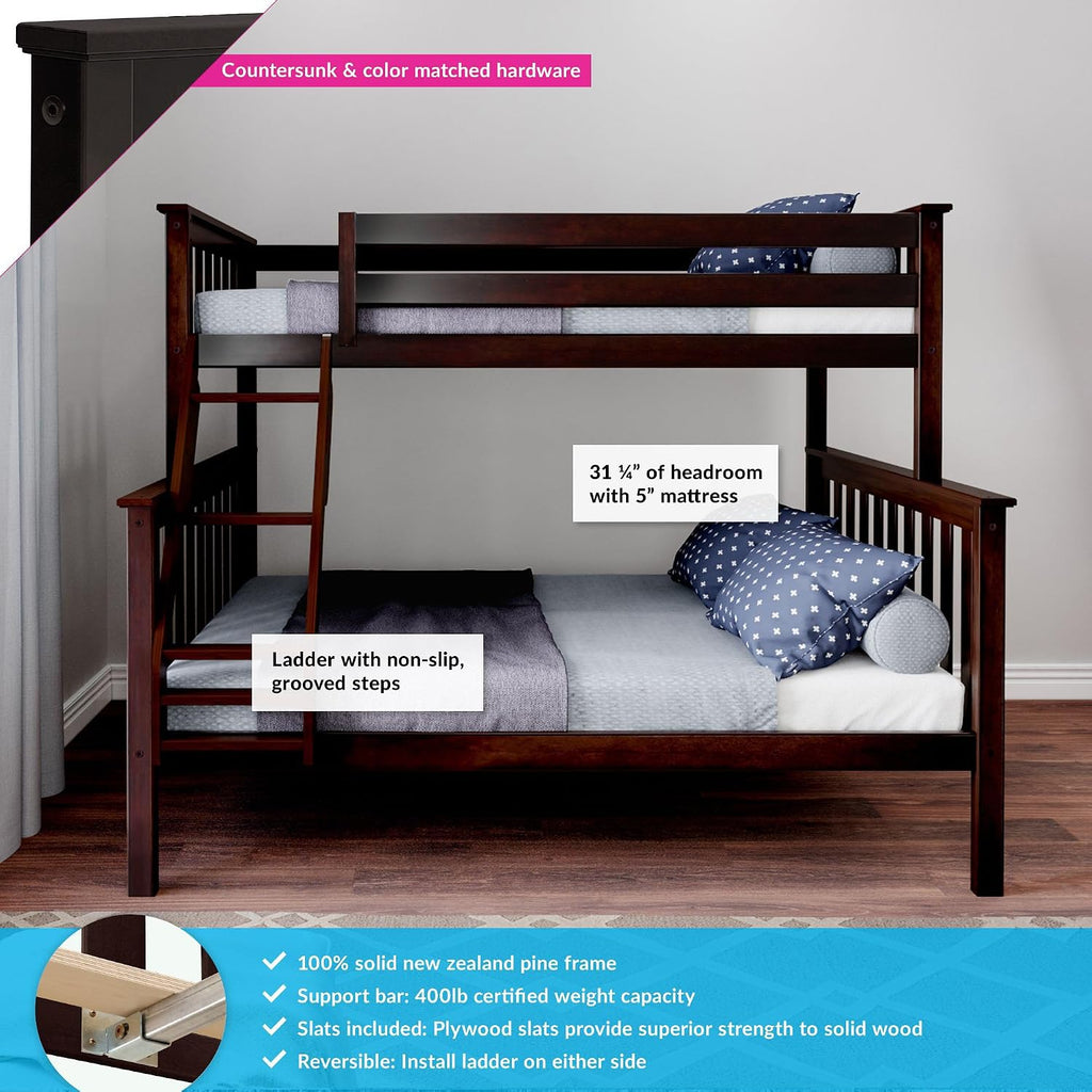 Max & Lily Bunk Bed Twin Over Full Size with Ladder, Solid Wood Platform Bed Frame with Ladder for Kids, 14' Safety Guardrails, Easy Assembly, No Box Spring Needed, Espresso