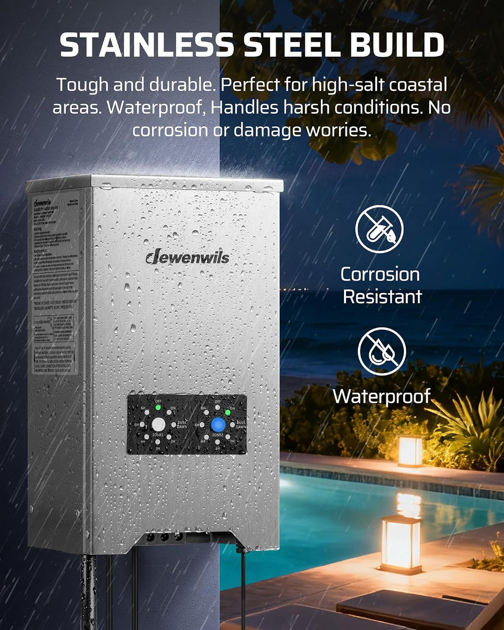 DEWENWILS 600W Low Voltage Landscape Transformer with 2-Zone, Landscape Lighting Transformer with Photocell Sensor & Countdown Timer, 120V AC to 12V/15 AC, Stainless Steel for Outdoor Light, LED Light