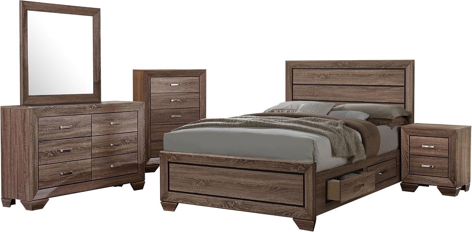 Coaster Home Furnishings Kauffman Transitional 5-Piece Bedroom Set Eastern King Size Storage Panel Bed Frame 54-inch Headboard Washed Taupe 204190KE-S5