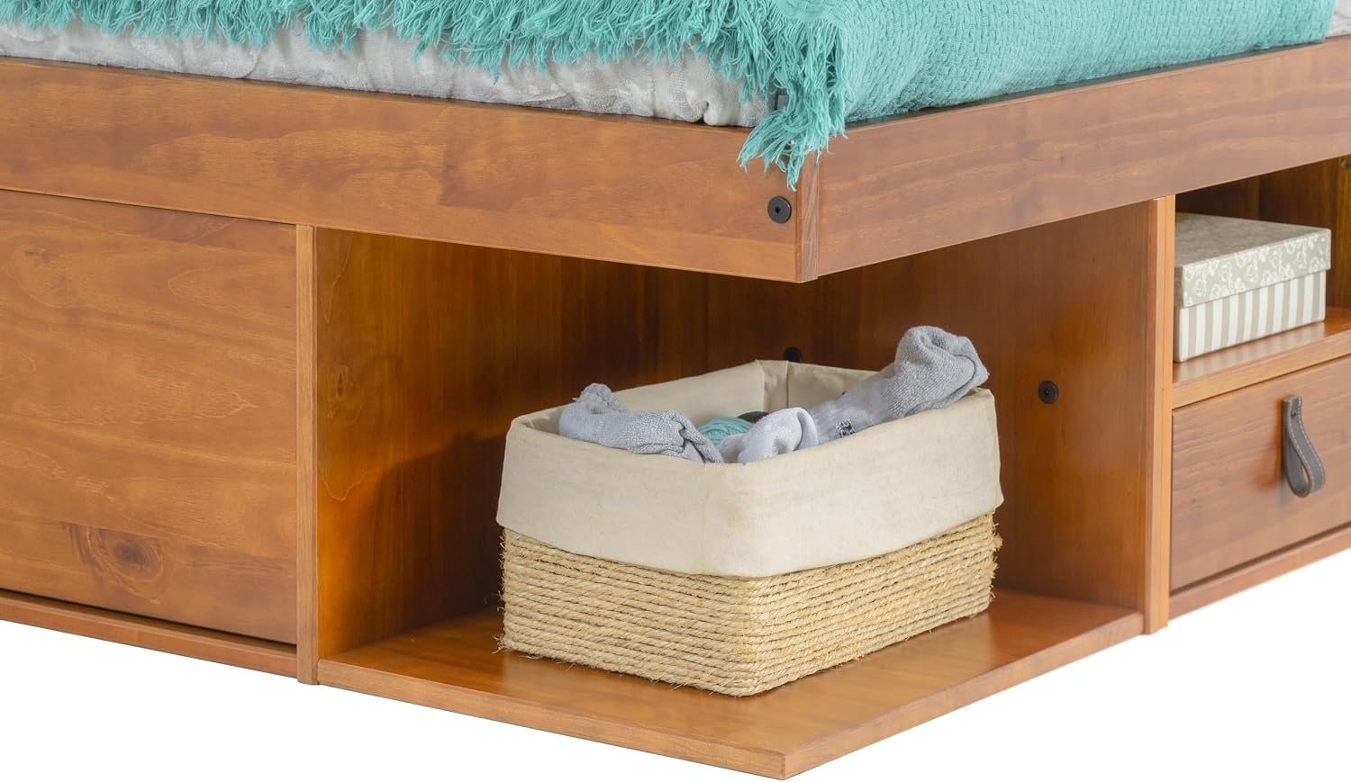 memomad Bali Bed - King Storage Platform Sturdy Wooden Frame with Drawers & More - Solid Pine - Noise Free - No Box Spring Needed - Slats Included (King Size, Oak Brown Wood)