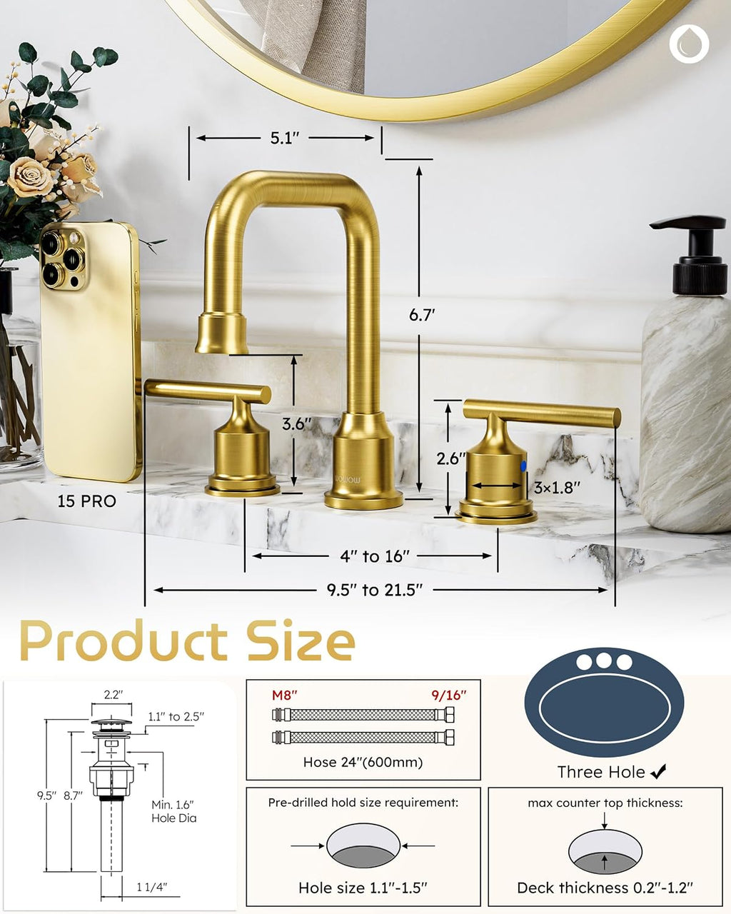 Brushed Gold Bathroom Faucet Set: WOWOW Widespread Bathroom Sink Faucet 3 Hole with Pop-up Drain and Supply Lines, 8 Inch Vanity Taps 3 Pieces Basin Tap 2 Handle Modern (Set of 2)