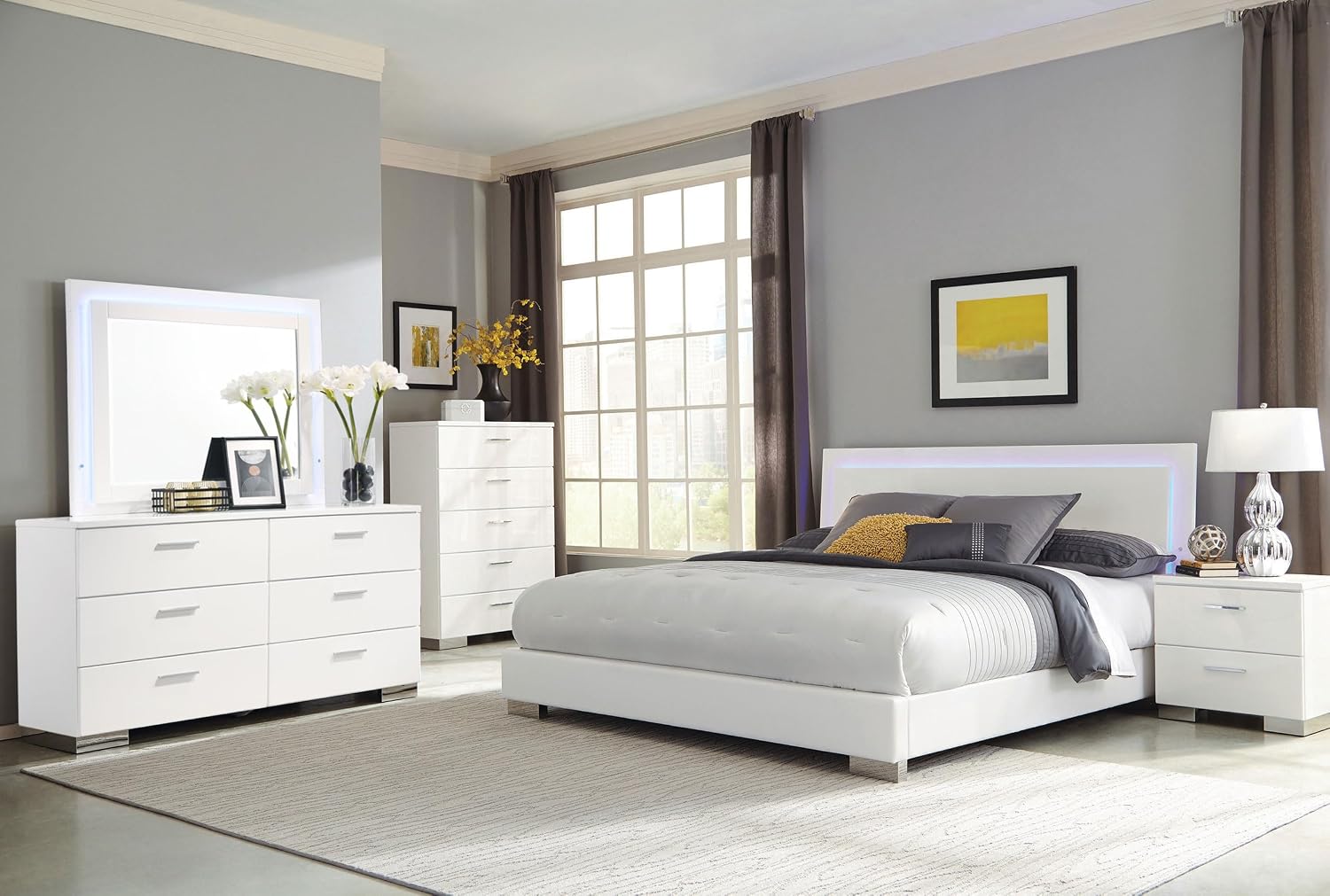Coaster Home Furnishings Felicity Contemporary 5-Piece Bedroom Set California King Size LED Panel Bed Frame 49-inch Headboard White High Gloss 203500KW-S5L