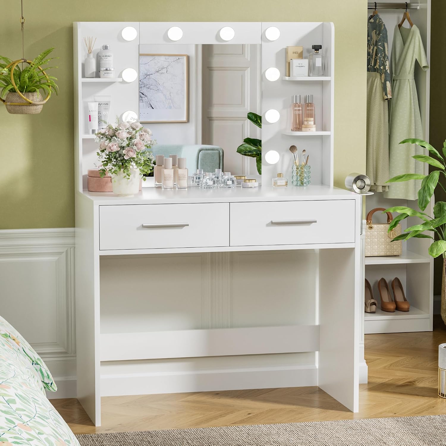 YESHOMY Vanity Desk with Mirror, Makeup Table with 2 Large Drawers, Power Outlet and Round Holder, 3 Color Modes Adjustable Bulb, White