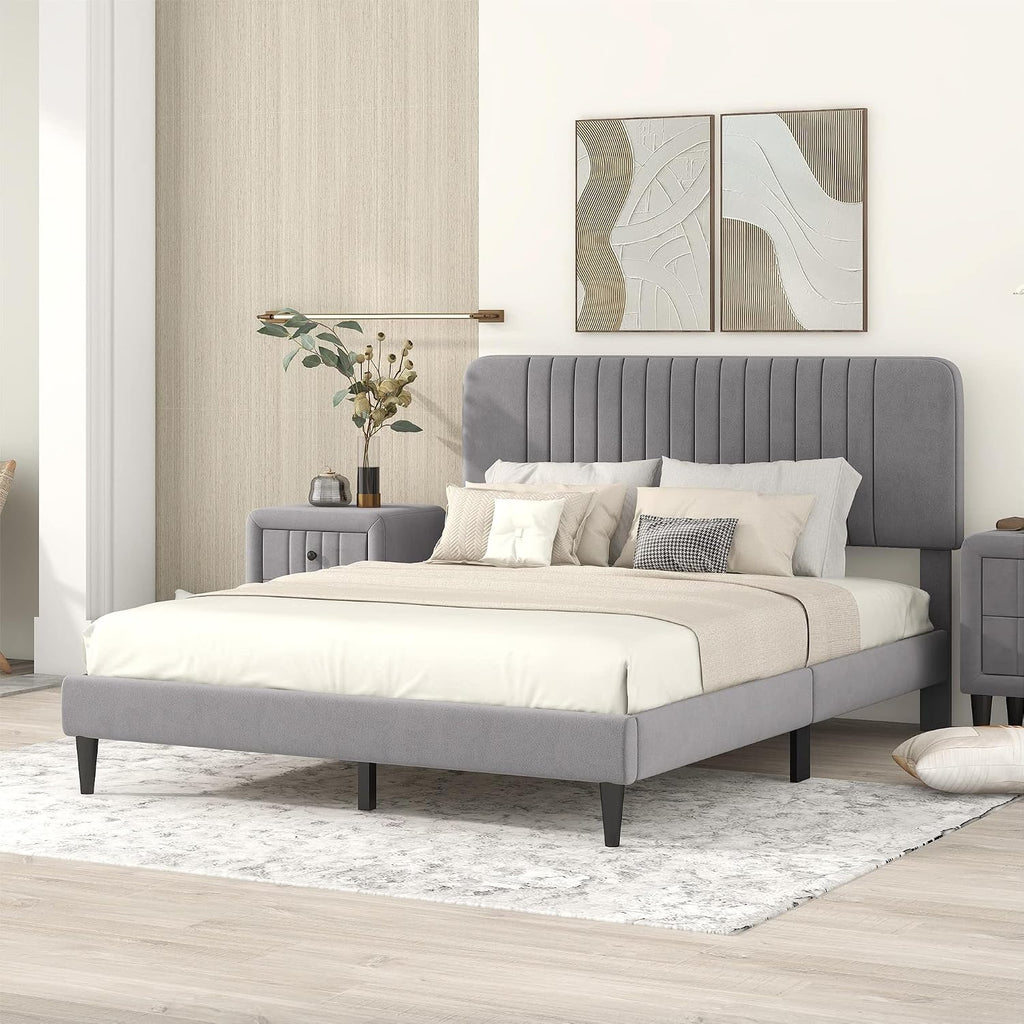 KLMM Modern Queen Size Upholstered Platform Bed, No Box Spring Needed, Velvet Fabric, Suitable for Bedroom Use, Easy to Assemble (Gray#G^)