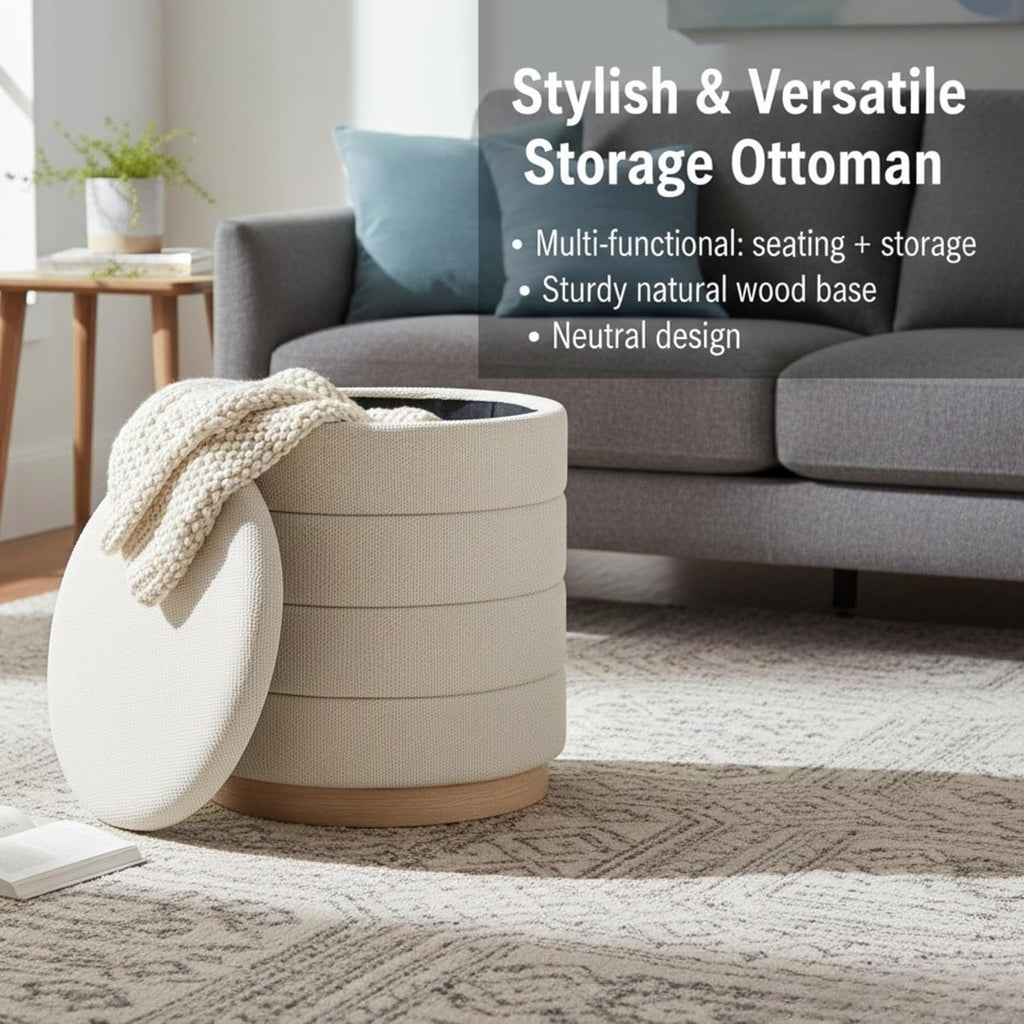 Round Storage Ottoman, Small Linen Upholstery Footrest Still with Foam Padded Seat for Living Room Bedroom, Beige