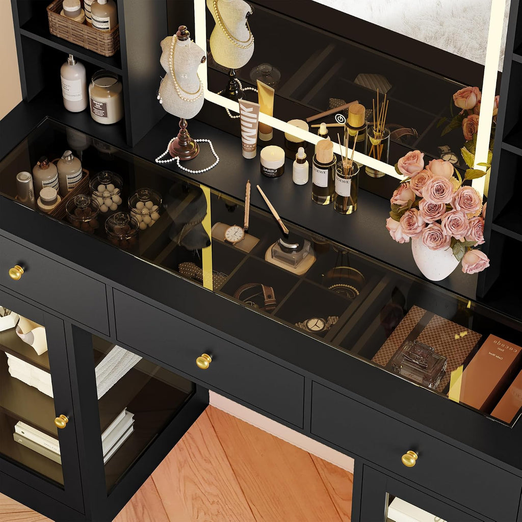 Makeup Vanity Desk with Mirror and Lights, 43' Black Vanity with Glass Top, Jewelry Storage, 3 Drawers & Glass Cabinets, Power Outlet & Adjustable LED Lights, Dressing Table for Women & Girls Bedroom