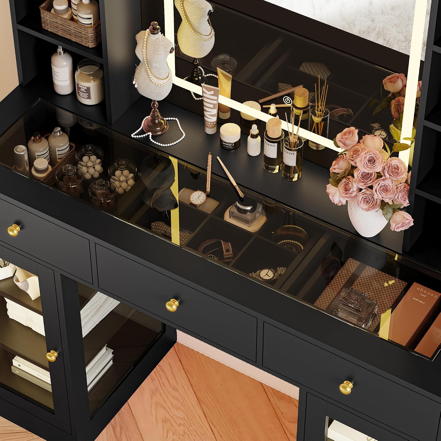 Makeup Vanity Desk with Mirror and Lights, 43' Black Vanity with Glass Top, Jewelry Storage, 3 Drawers & Glass Cabinets, Power Outlet & Adjustable LED Lights, Dressing Table for Women & Girls Bedroom