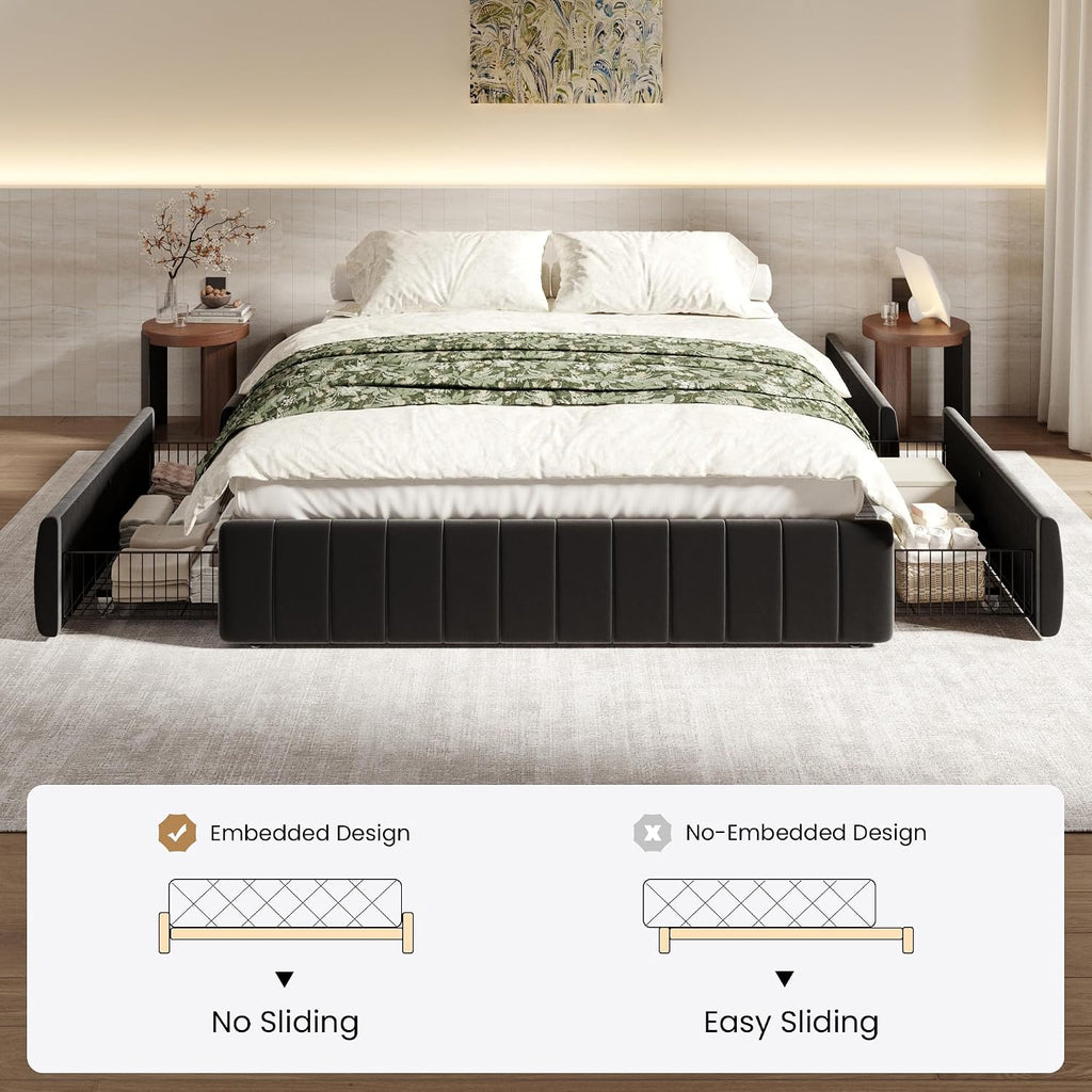 SHA CERLIN Full Size Velvet Upholstered Platform Bed Frame with 4 Storage Drawers, Vertical Channel Tufted, Low Profile, Fits Standard Headboards, Wooden Slats Support, Easy Assembly, Black