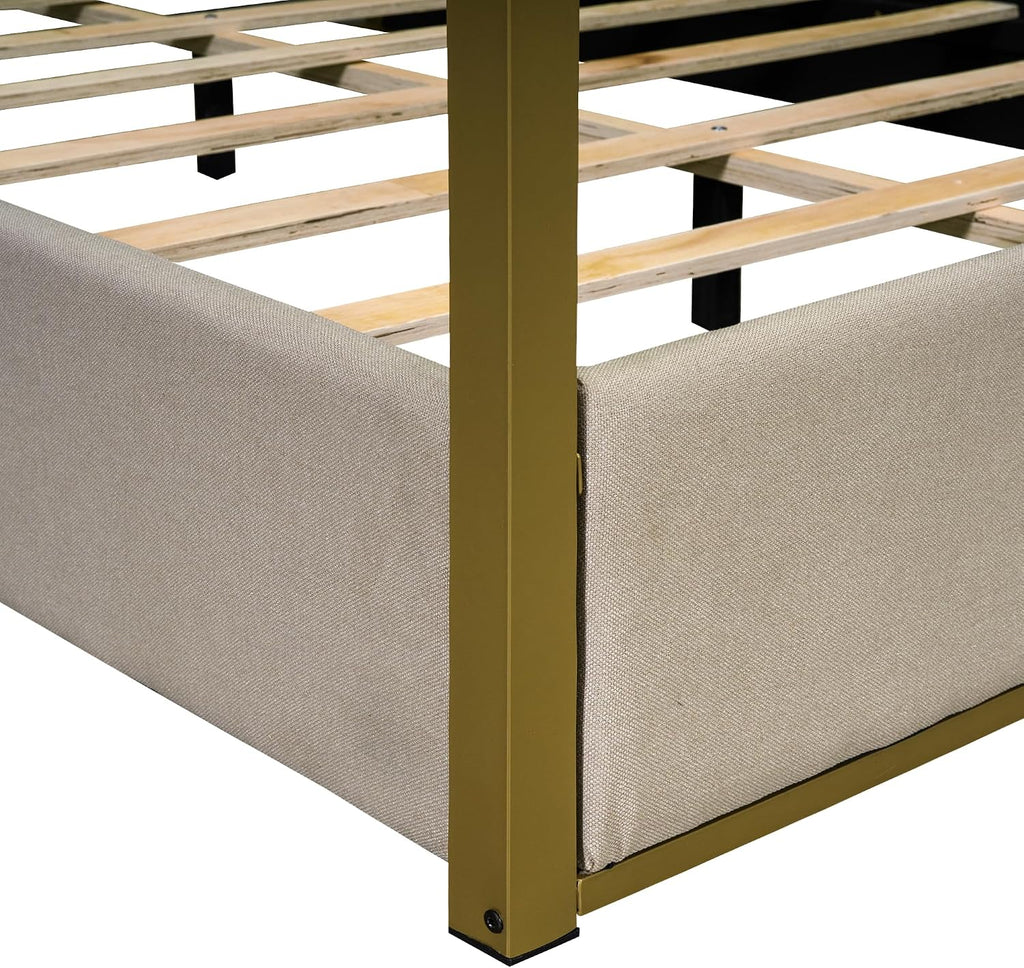 Modern 4-Poster Canopy Platform Bed Queen Size with Channel Upholstery Tufted Headboard, Gold Metal Canopied Design Platform Bed Frame with Strong Slats Support (Beige+U)