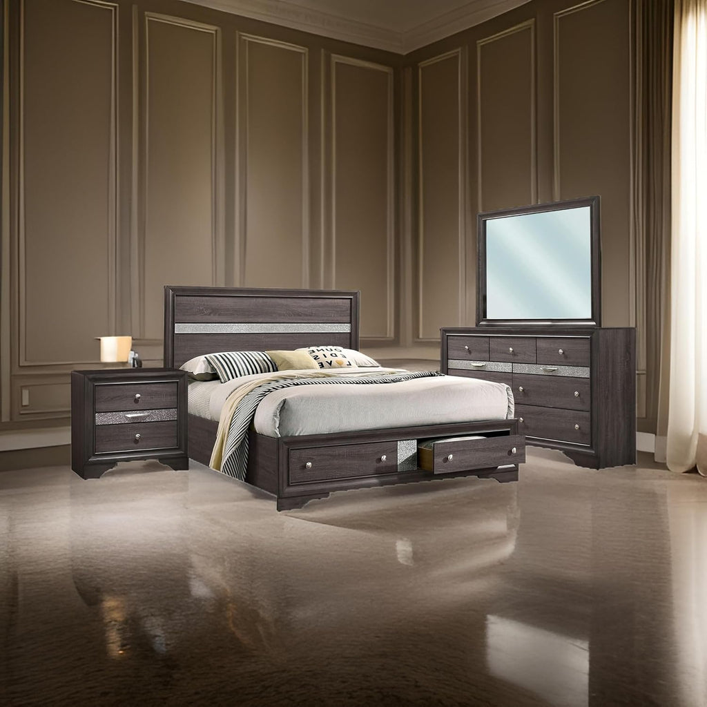 Benjara Po Four PC Queen Size Silver Accented Solid Wood Bedroom Set-Gray-Brown