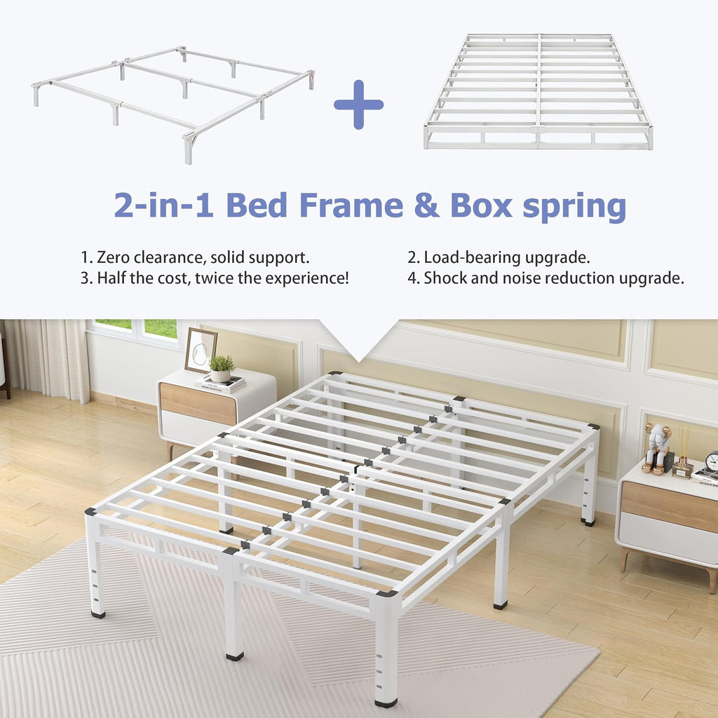 NKZ 22 Inch Queen Size Bed Frame, Metal Bed Frame & Box Spring 2 in 1 Platform with Round Corner Legs, 4000Lbs Heavy Duty Metal Frame, Mattress Slide Stopper, Headboard Hole, Noise-Free, Easy Assembly