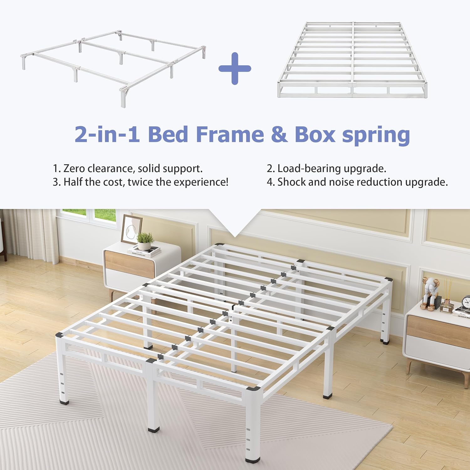 NKZ 22 Inch Queen Size Bed Frame, Metal Bed Frame & Box Spring 2 in 1 Platform with Round Corner Legs, 4000Lbs Heavy Duty Metal Frame, Mattress Slide Stopper, Headboard Hole, Noise-Free, Easy Assembly