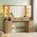 HAUOMS Big Vanity, Fluted Wood Makeup Vanity Desk with Mirror and Sound Sync LED Lights, Large Vanity Dressing Table, 8 Drawers, Charging Station for Girls, Women (Oak, 59.1' Width)