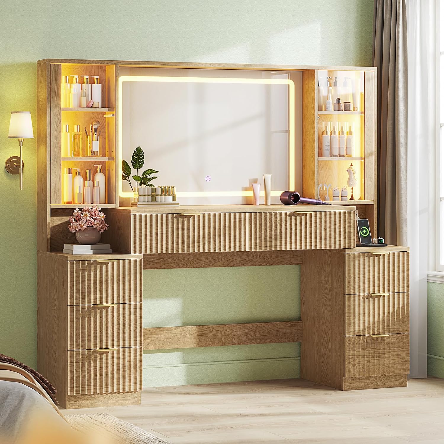 HAUOMS Big Vanity, Fluted Wood Makeup Vanity Desk with Mirror and Sound Sync LED Lights, Large Vanity Dressing Table, 8 Drawers, Charging Station for Girls, Women (Oak, 59.1' Width)