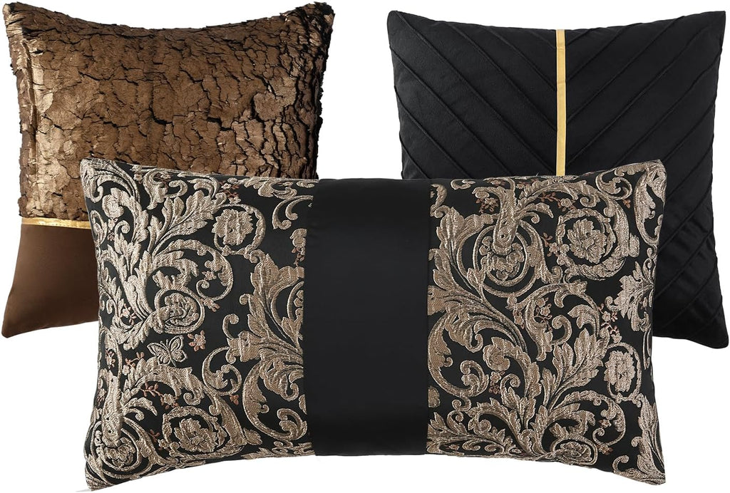 PANGUSHAN 7 Pieces Comforter Set King Size, Luxury Silky Elegant Jacquard Fluffy Reversible Bedding Set with Bed Skirt, Shams and Pillows, Bed in a Bag King, Down Alternative, Black/Gold