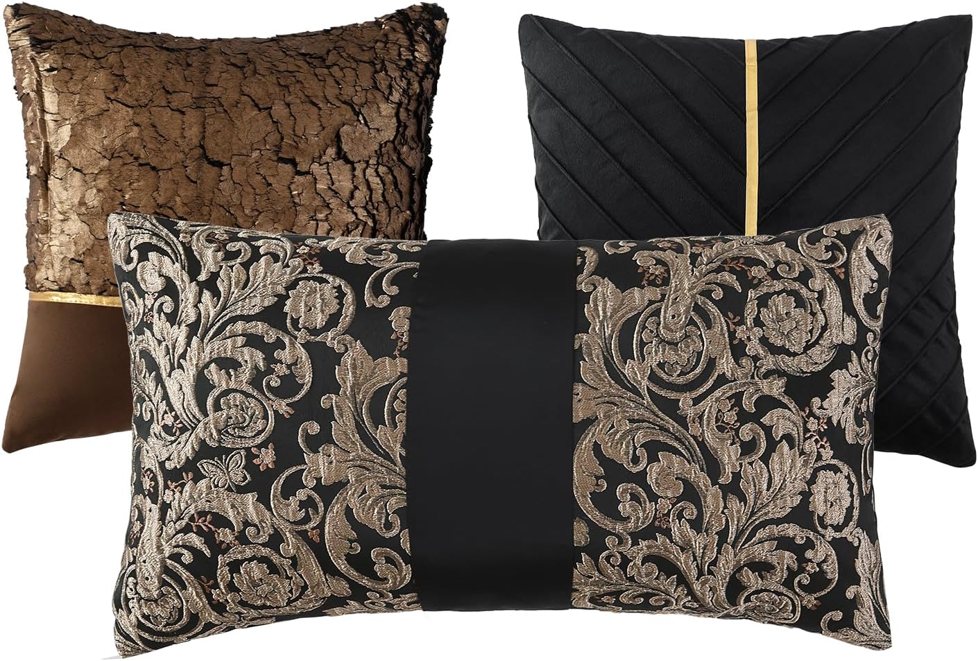 PANGUSHAN 7 Pieces Comforter Set King Size, Luxury Silky Elegant Jacquard Fluffy Reversible Bedding Set with Bed Skirt, Shams and Pillows, Bed in a Bag King, Down Alternative, Black/Gold