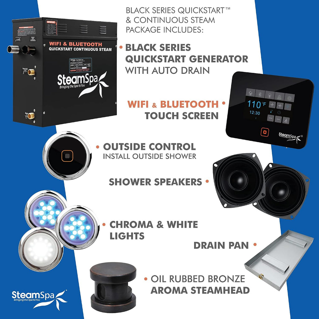 Generator with Quick Start Continuous Steam Technology, Wi-Fi, Bluetooth and Autodrain | 4.5kW Steam Generator with Oil Rubbed Bronze Steam Head with Aromatherapy Reservoir | RVB450ORB-A